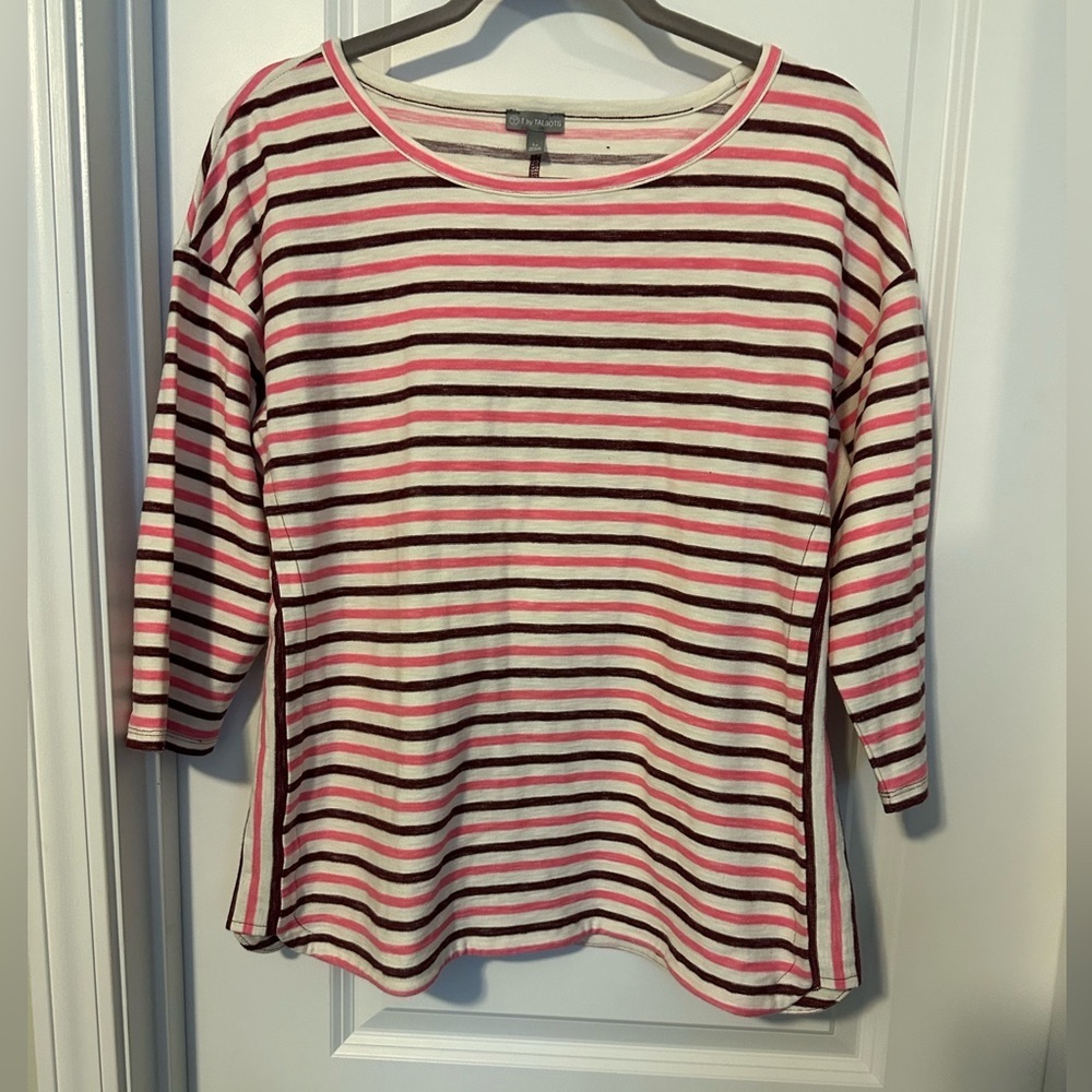 T by Talbots Knit Top Pink Burgundy Off White Striped 3/4 Sleeve Large Petite